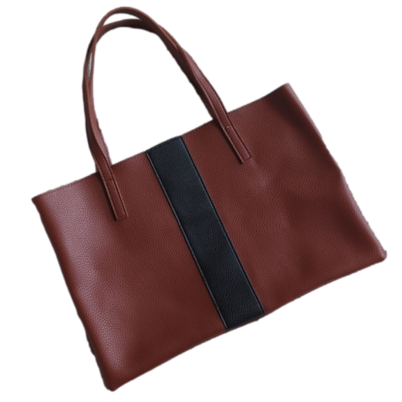 Vegan Leather Vince Camuto Brown Tote With Black Stripe Canvas